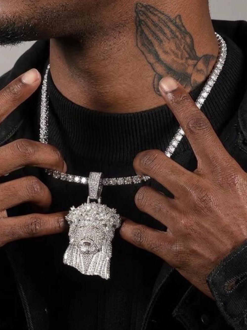 Silver Iced Jesus Head Pendant tennis Necklace 20inch - Men Accessories